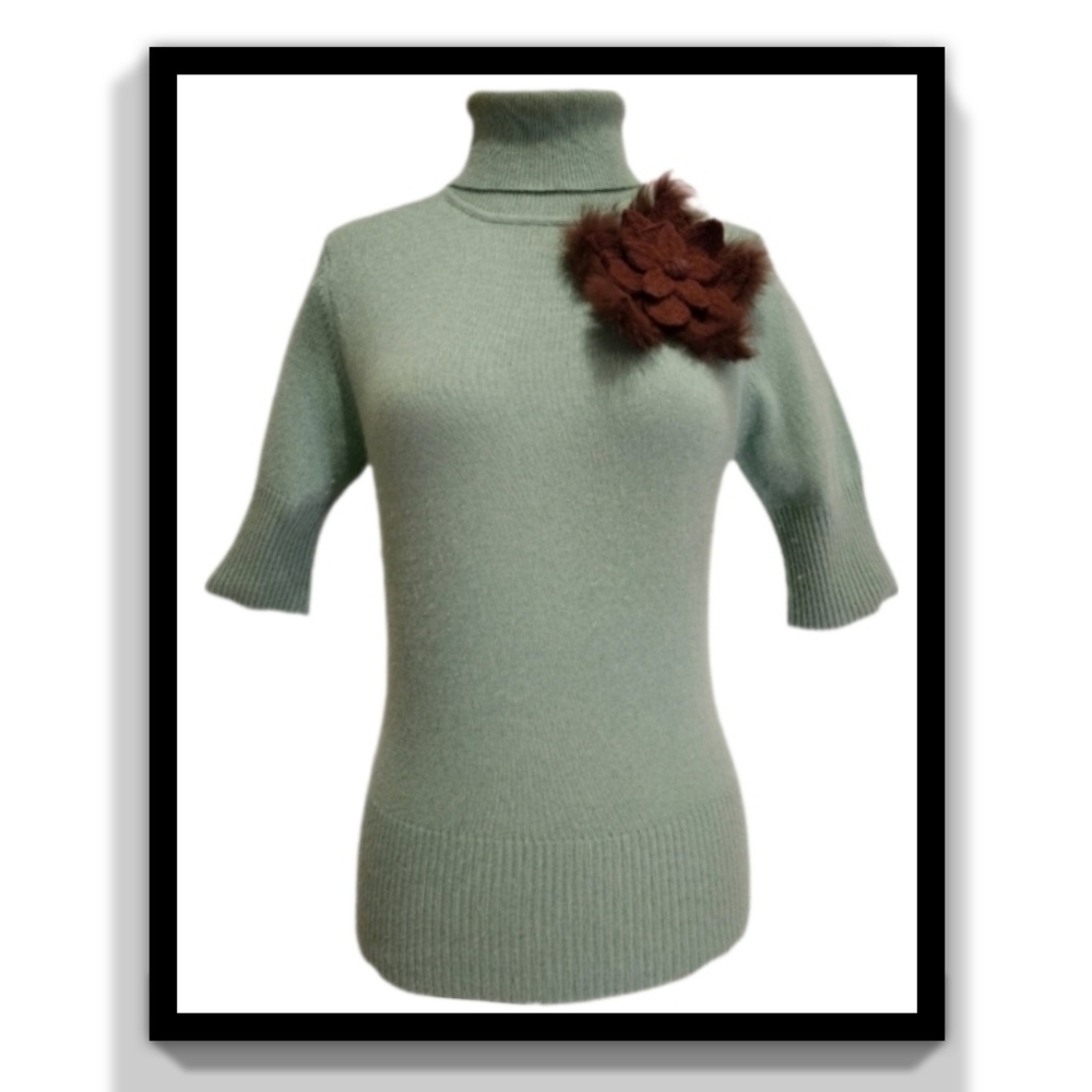 BCBGMaxAzria Green Turtleneck Sweater with Brown Accent